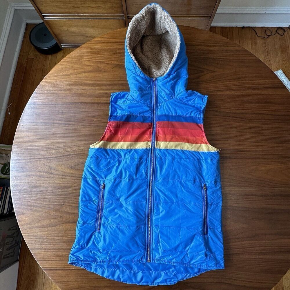 Vintage Hooded Rainbow Vest Men’s Size Medium Sherpa Hood Zipper Lightweight